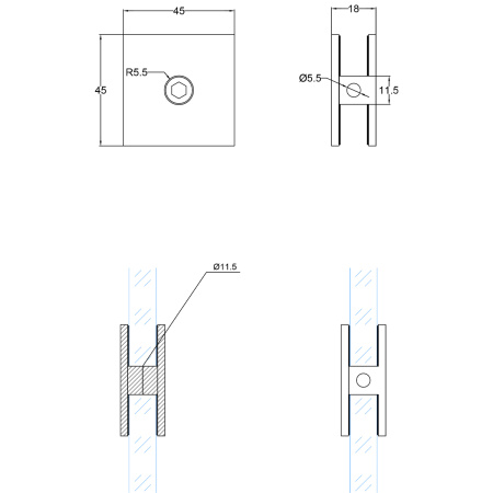 Коннектор стена-стекло 90˚, квадратный золото глянцевое K10-9001GD